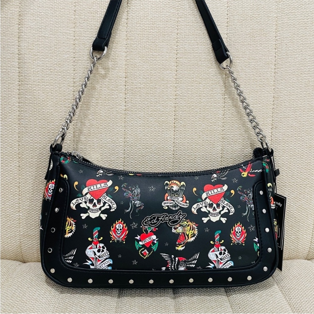 NEW Ed Hardy Black Vegan Leather Tattoo Print Studded Crossbody Shoulder Bag